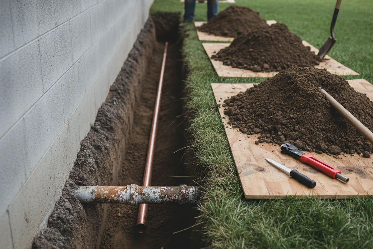 Excavated water line trench during Water Softener Installation in Dudley